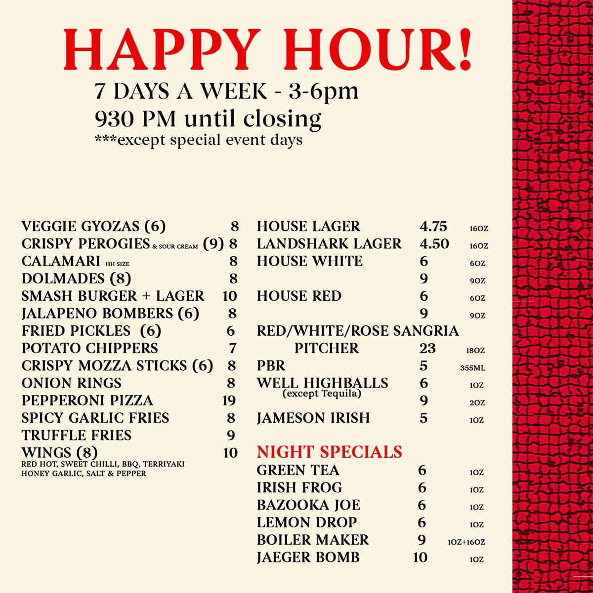 The Main Happy Hour Menu